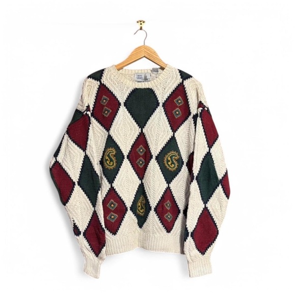 Vintage Penn's Landing Knit Sweater Mens Large Diamond Argyle Pattern Red Green - Picture 2 of 8